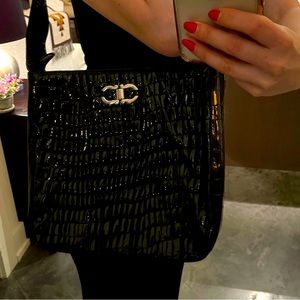 Salvatore Ferragamo patent bag croc embossed leather purse